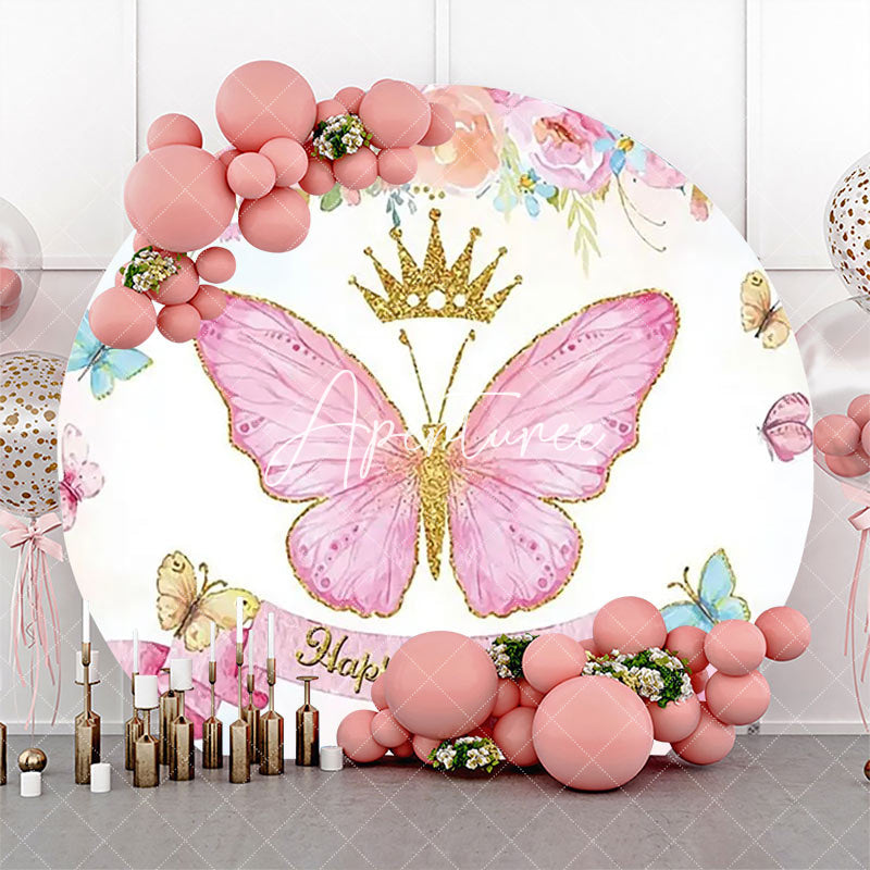 Aperturee - Pink Butterfly Crown Floral Round Birthday Backdrop