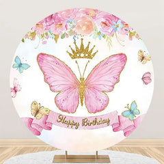 Aperturee - Pink Butterfly Crown Floral Round Birthday Backdrop