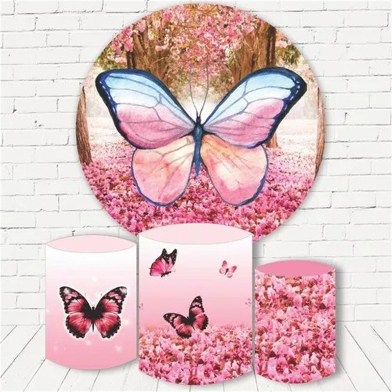 Aperturee Pink Butterfly Floral Birthday Round Backdrop Kit