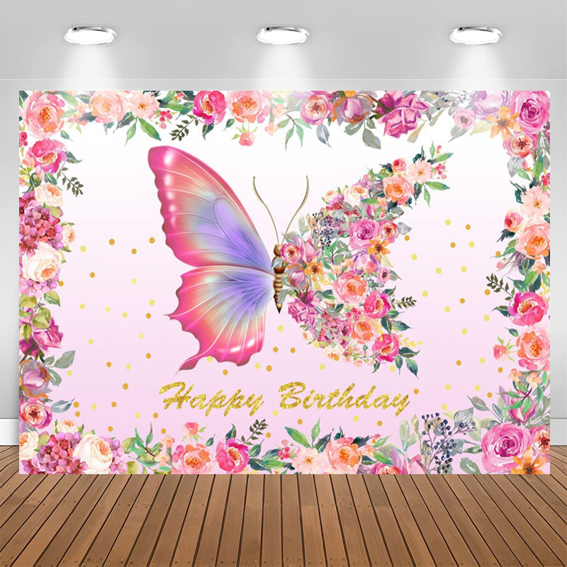 Aperturee - Pink Butterfly Floral Girl Happy Birthday Backdrop