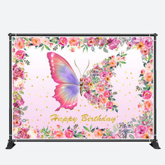 Aperturee - Pink Butterfly Floral Girl Happy Birthday Backdrop