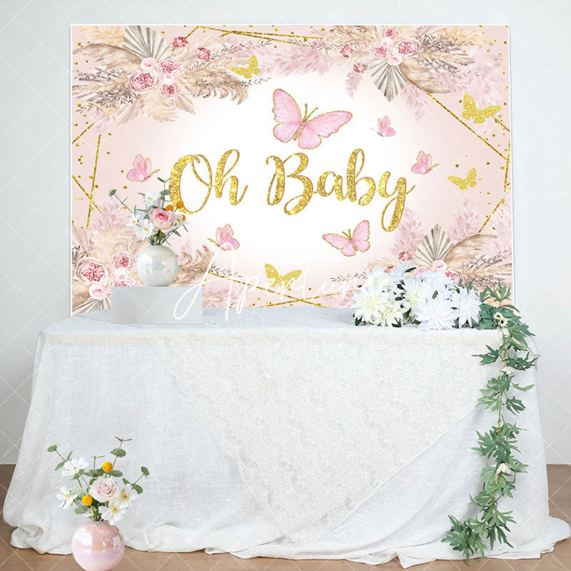 Aperturee - Pink Butterfly Oh Baby Floral Baby Shower Backdrop