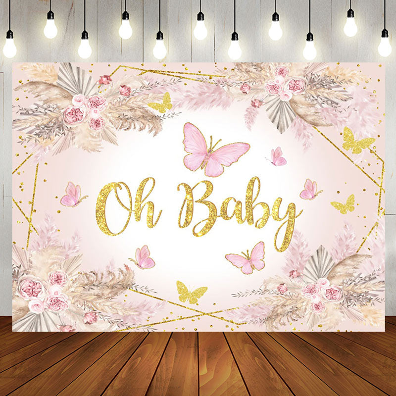 Aperturee - Pink Butterfly Oh Baby Floral Baby Shower Backdrop