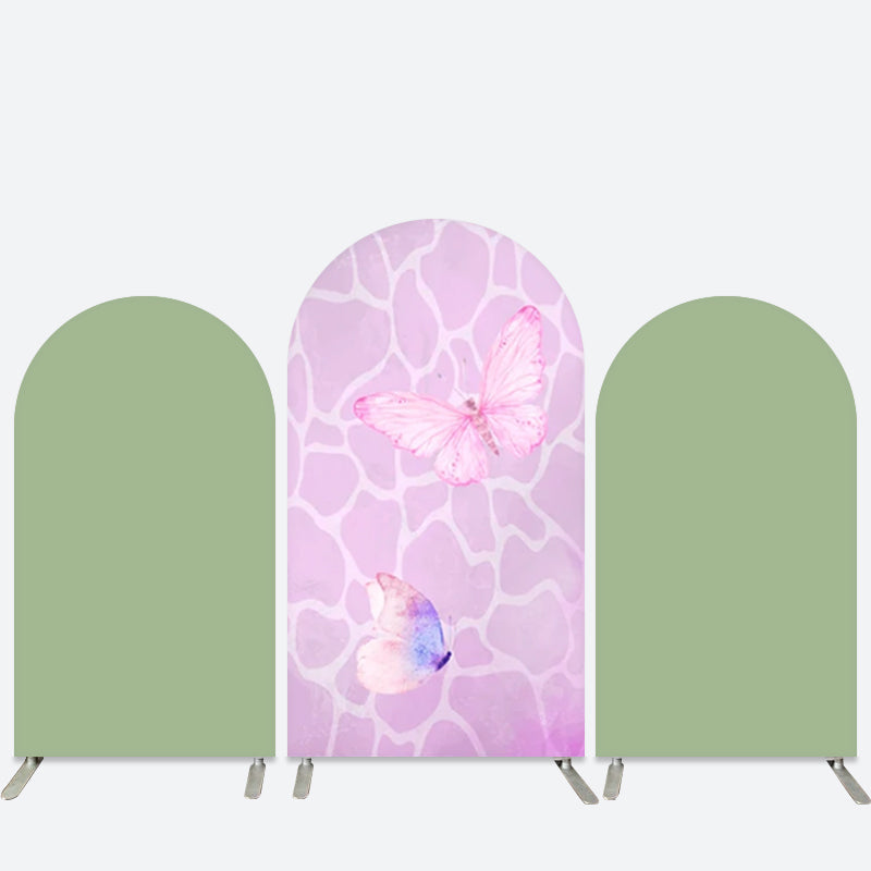 Aperturee Pink Butterfly Solid Green Arch Backdrop Kit for Girl