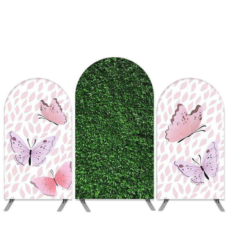 Aperturee Pink Butterfly Theme Green Leaves Arch Backdrop Kit Banner