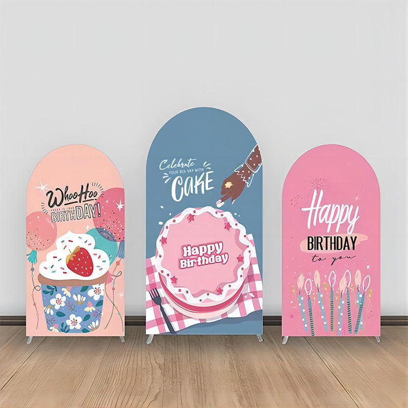 Aperturee - Pink Cake Candles Balloons Blue Arch Backdrop Kit