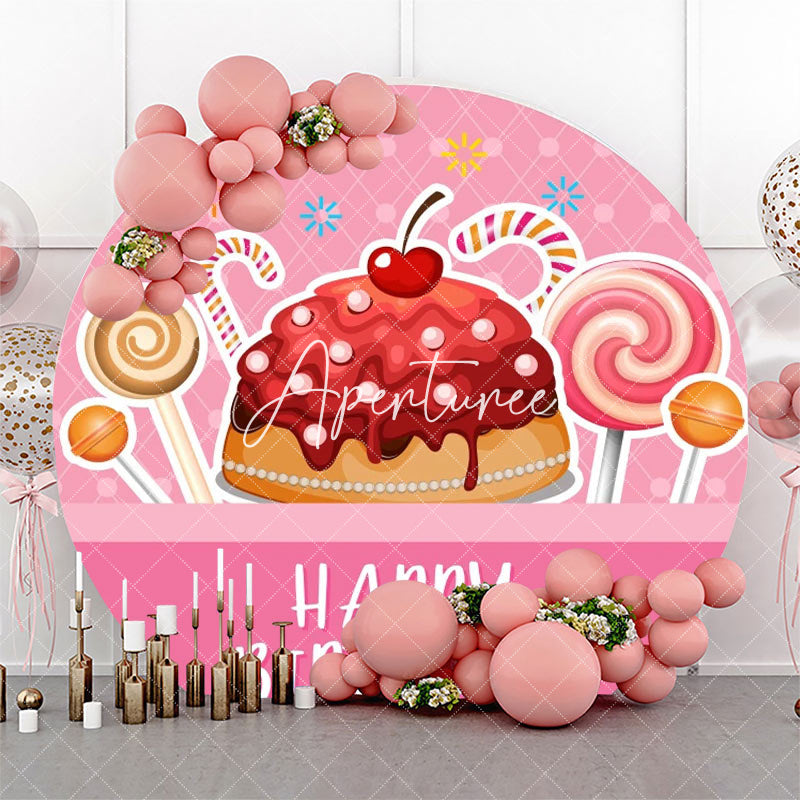 Aperturee - Pink Cake Candyland Round Happy Birthday Backdrop