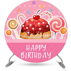 Aperturee - Pink Cake Candyland Round Happy Birthday Backdrop