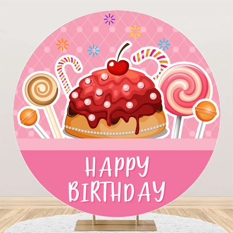 Aperturee - Pink Cake Candyland Round Happy Birthday Backdrop