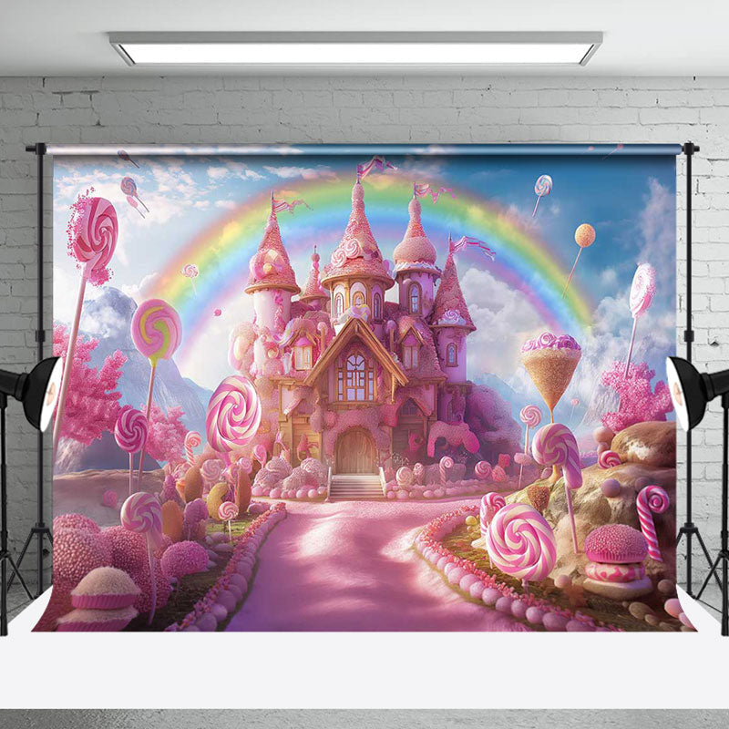 Aperturee - Pink Candy Castle Rainbow Birthday Cake Smash Backdrop