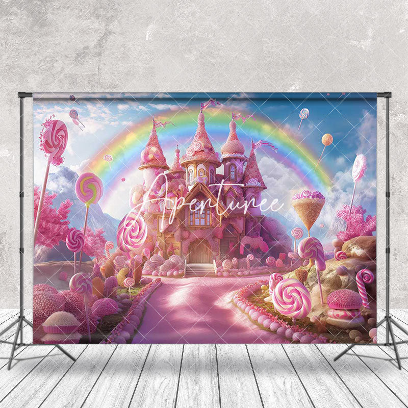 Aperturee - Pink Candy Castle Rainbow Birthday Cake Smash Backdrop