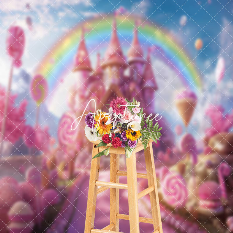 Aperturee - Pink Candy Castle Rainbow Birthday Cake Smash Backdrop