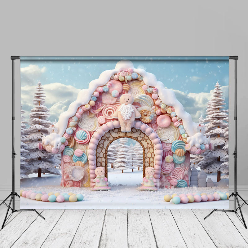 Aperturee - Pink Candy House Snow Pine Trees Winter Backdrop