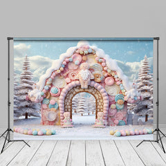 Aperturee - Pink Candy House Snow Pine Trees Winter Backdrop