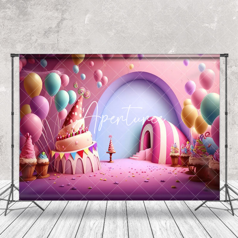 Aperturee - Pink Candyland Balloon Girl Cake Smash Backdrop