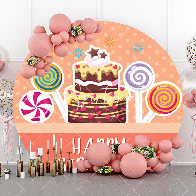 Aperturee - Pink Candyland Cake Round Happy Birthday Backdrop