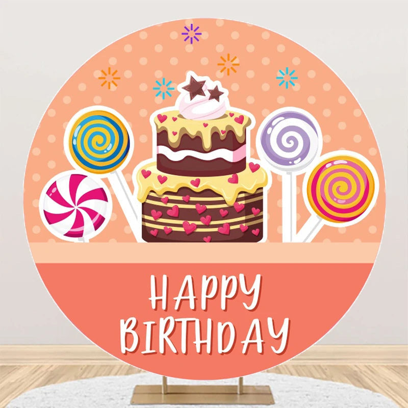 Aperturee - Pink Candyland Cake Round Happy Birthday Backdrop