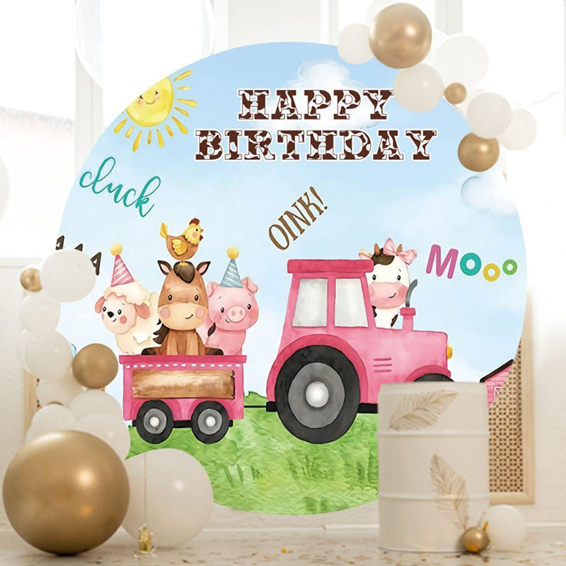 Aperturee - Pink Car And Cute Animals Round Happy Birthday Backdrop