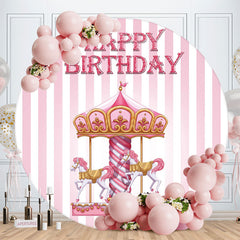 Aperturee - Pink Carousel Round Happy Birthday Backdrop For Girl