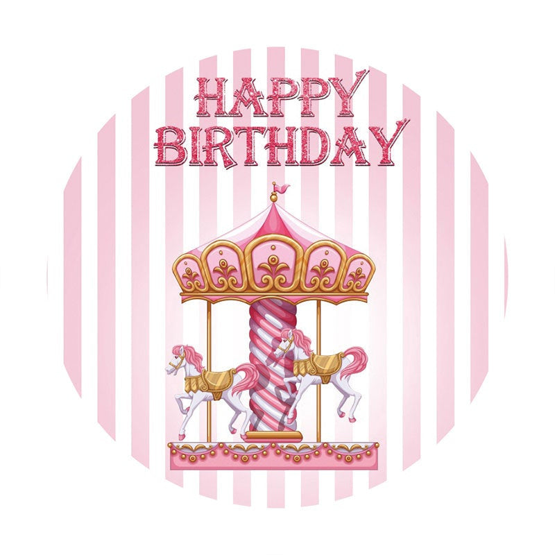 Aperturee - Pink Carousel Round Happy Birthday Backdrop For Girl