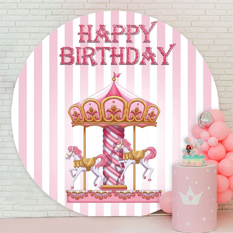 Aperturee - Pink Carousel Round Happy Birthday Backdrop For Girl