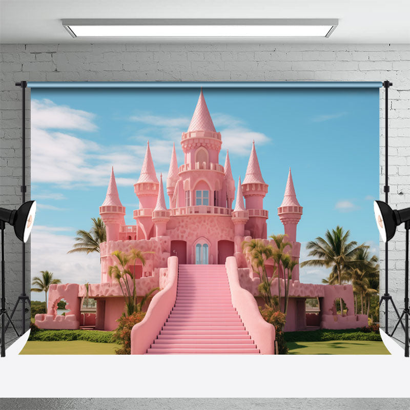 Aperturee - Pink Castle And Blue Sky Coconut Palm Dance Backdrop