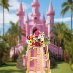 Aperturee - Pink Castle Coconut Palm Green Lawn Dance Backdrop