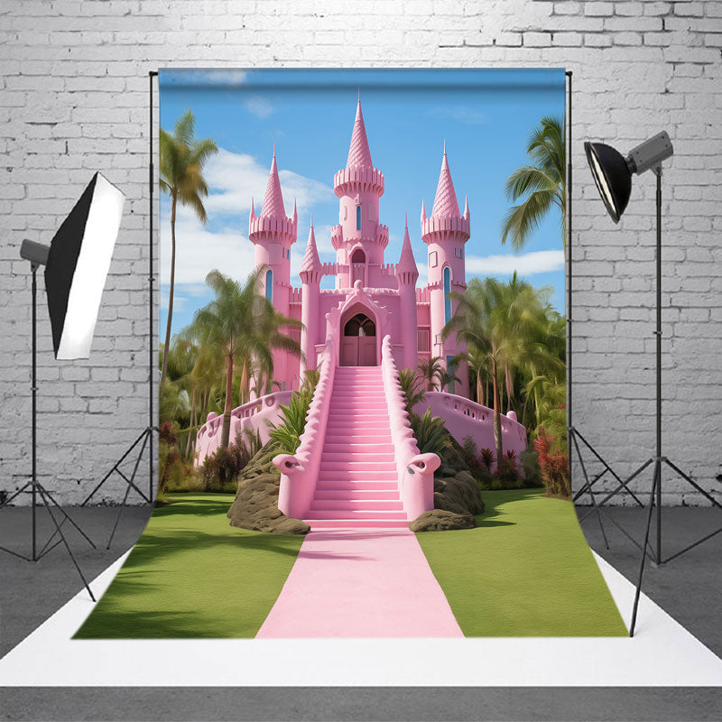 Aperturee - Pink Castle Coconut Palm Green Lawn Dance Backdrop