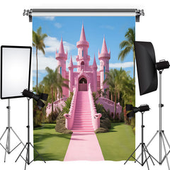 Aperturee - Pink Castle Coconut Palm Green Lawn Dance Backdrop