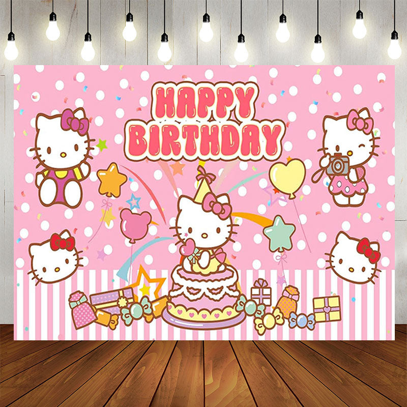 Aperturee - Pink Cat Candy Happy Birthday Backdrop For Girl