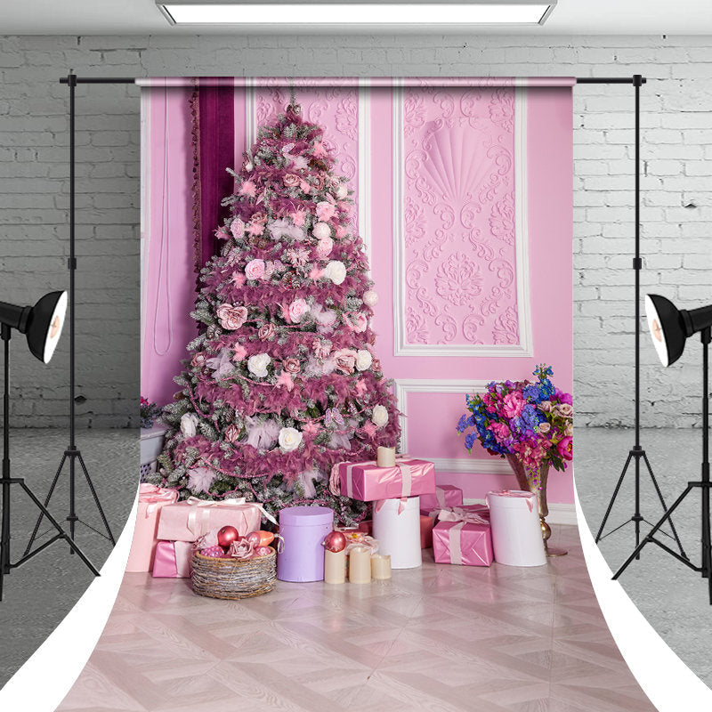 Aperturee - Pink Christmas Tree Gifts Photo Shoot Sweep Backdrop