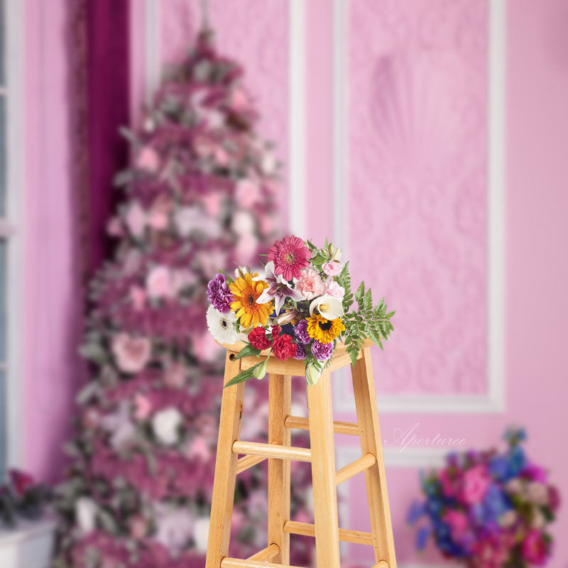 Aperturee - Pink Christmas Tree Gifts Photo Shoot Sweep Backdrop