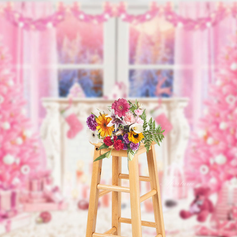 Aperturee - Pink Christmas Tree Window Candle Photo Backdrop