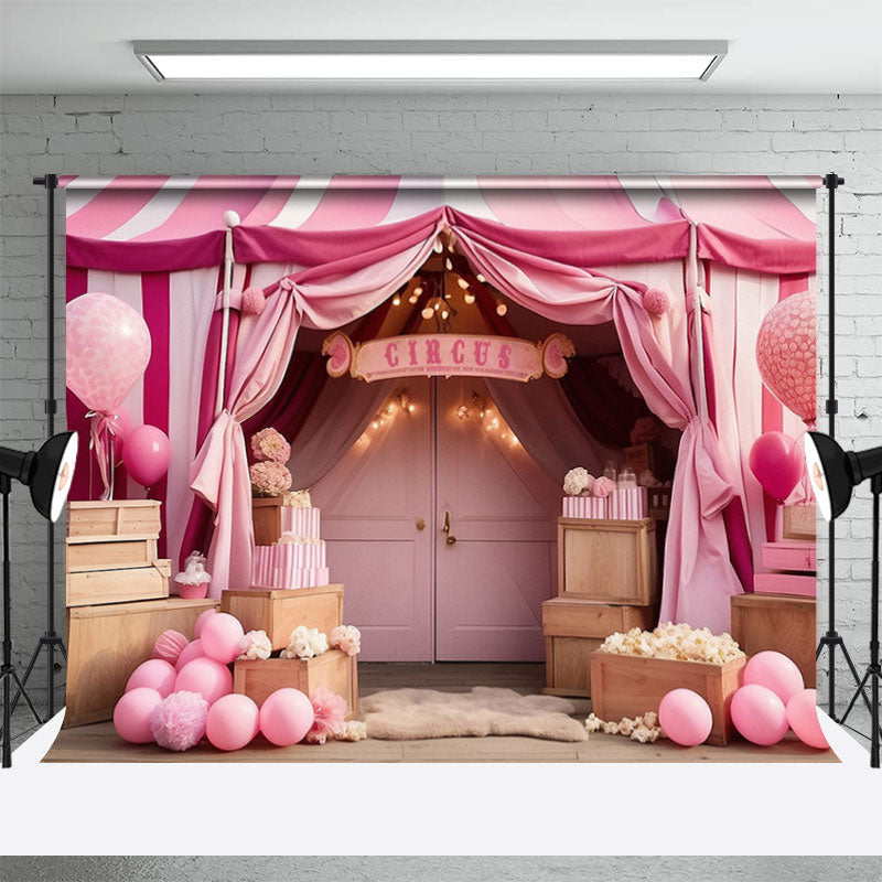 Aperturee - Pink Circus Tent Balloons Box Birthday Backdrop