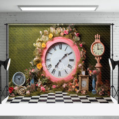 Aperturee - Pink Clock Floral Green Wall Spring Photo Backdrop