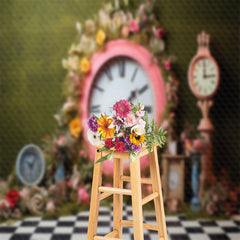 Aperturee - Pink Clock Floral Green Wall Spring Photo Backdrop