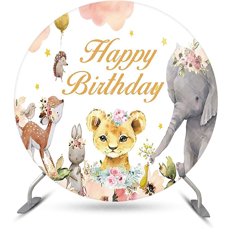 Aperturee - Pink Cloud Floral Animals Round Birthday Backdrop