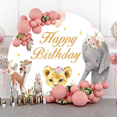 Aperturee - Pink Cloud Floral Animals Round Birthday Backdrop