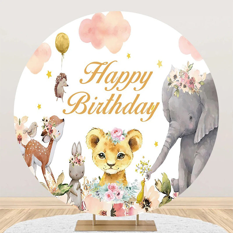 Aperturee - Pink Cloud Floral Animals Round Birthday Backdrop