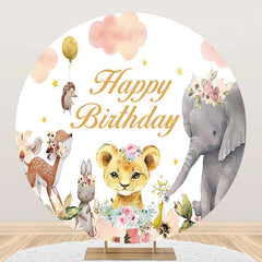 Aperturee - Pink Cloud Floral Animals Round Birthday Backdrop