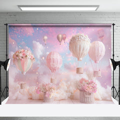 Aperturee - Pink Cloud Floral Hot Air Balloon Cake Smash Backdrop