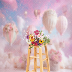 Aperturee - Pink Cloud Floral Hot Air Balloon Cake Smash Backdrop