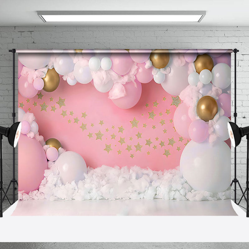 Aperturee - Pink Clouds Stars Girl Birthday Cake Smash Backdrop