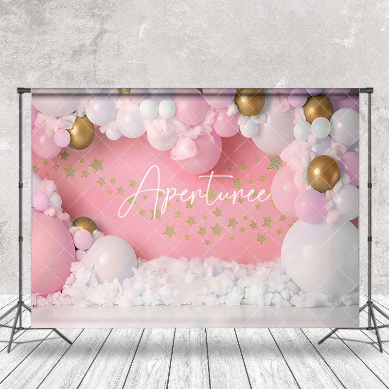 Aperturee - Pink Clouds Stars Girl Birthday Cake Smash Backdrop