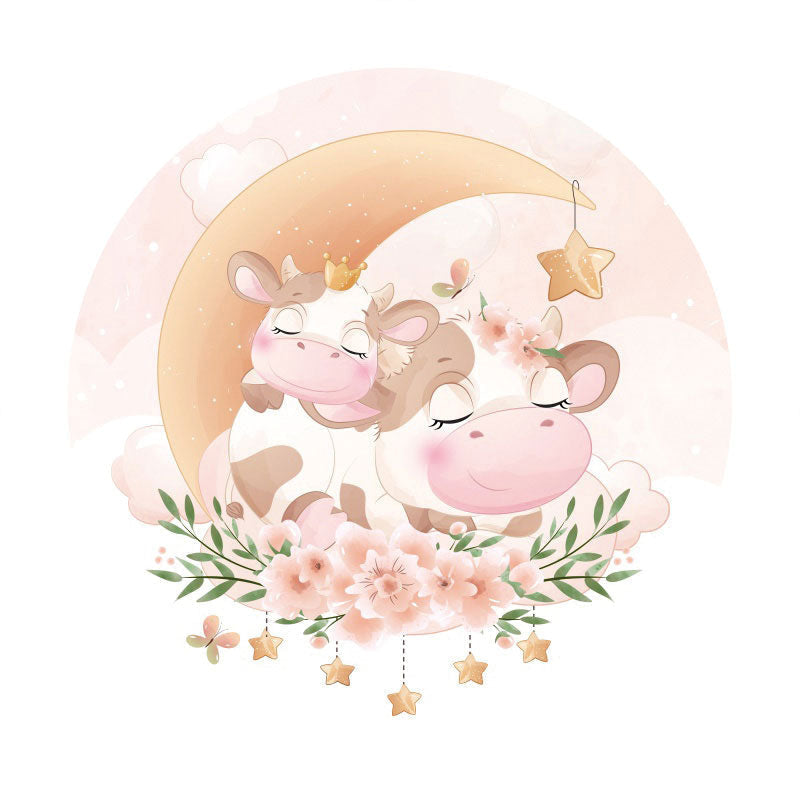 Aperturee - Pink Cows And Moon Round Baby Shower Backdrop