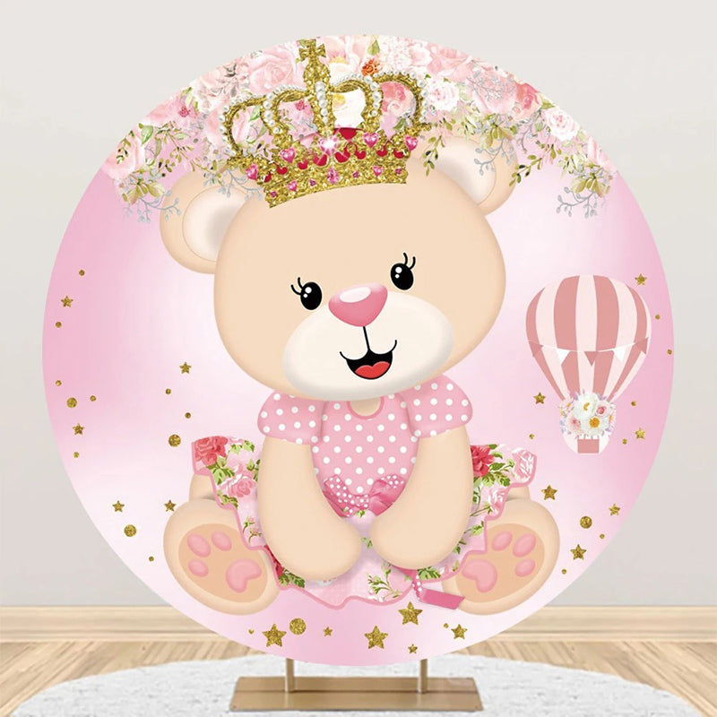 Aperturee - Pink Crown Bear Floral Circle Baby Shower Backdrop