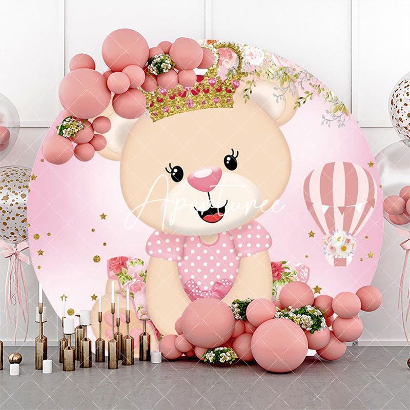 Aperturee - Pink Crown Bear Floral Circle Baby Shower Backdrop