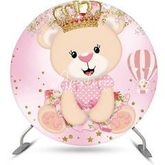 Aperturee - Pink Crown Bear Floral Circle Baby Shower Backdrop