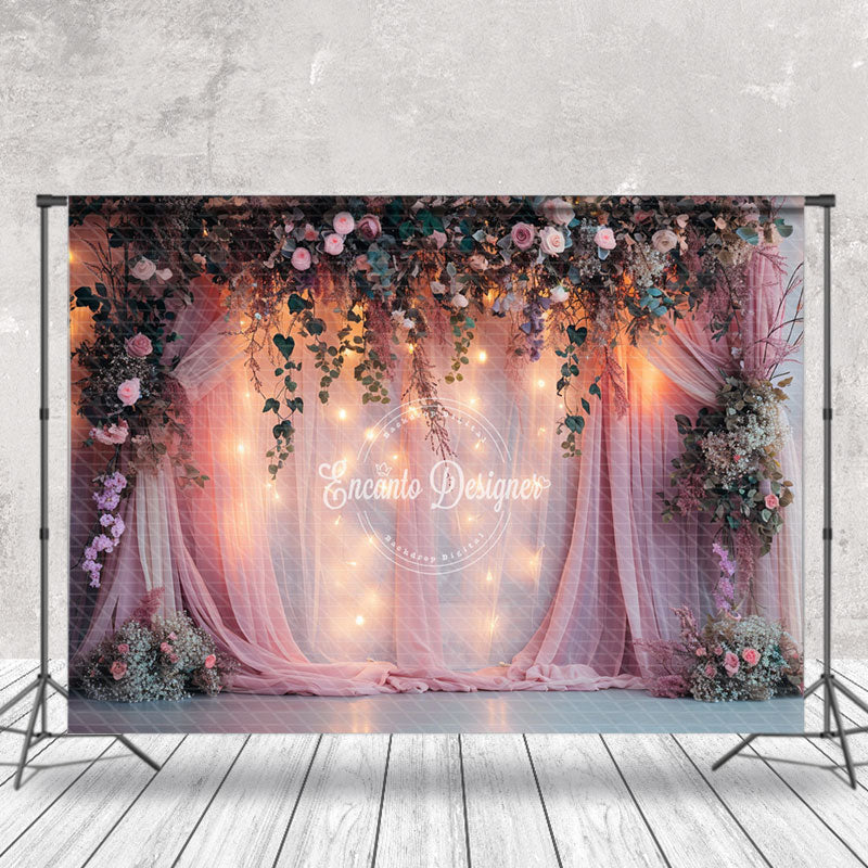 Aperturee - Pink Curtain Dim Light Floral Photography Backdrop