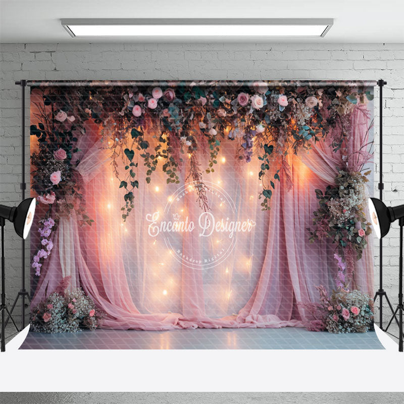 Aperturee - Pink Curtain Dim Light Floral Photography Backdrop